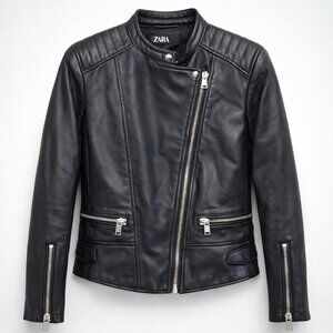 ZARA Faux Leather Moto Jacket Women’s Medium Black Biker Asymmetrical Zip EUC